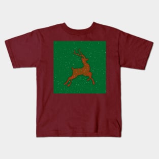 Red Flying Reindeer Mandala in the Green Sky Kids T-Shirt